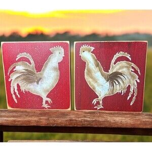 Rooster Rustic Wall Art Shabby Chic Farmhouse Kitchen Wood Decor Pair Red Brown